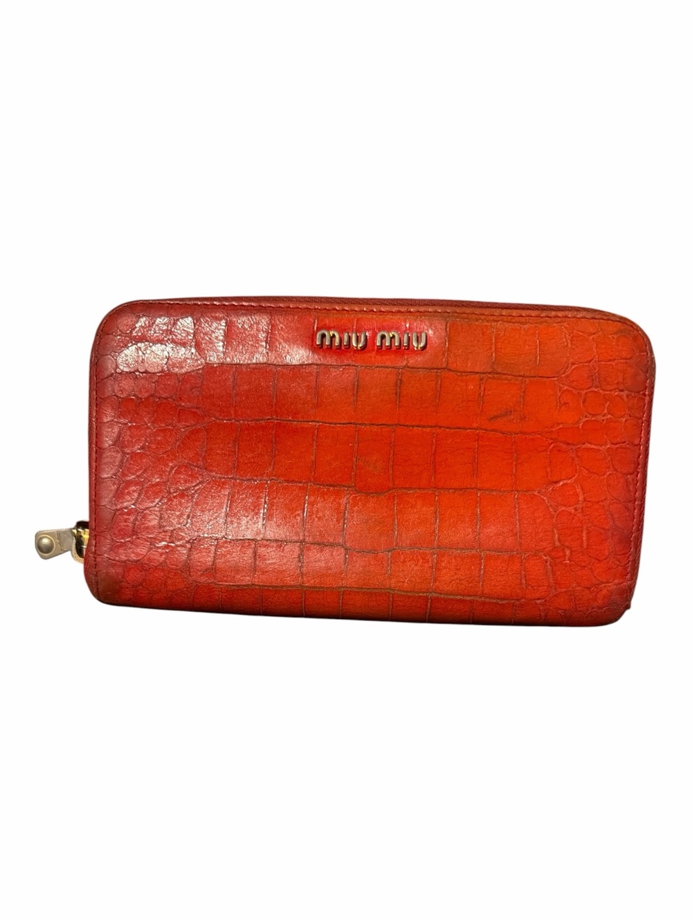 Authentic Miu Miu Red Croc-Embossed Leather Zip-Around Long Wallet